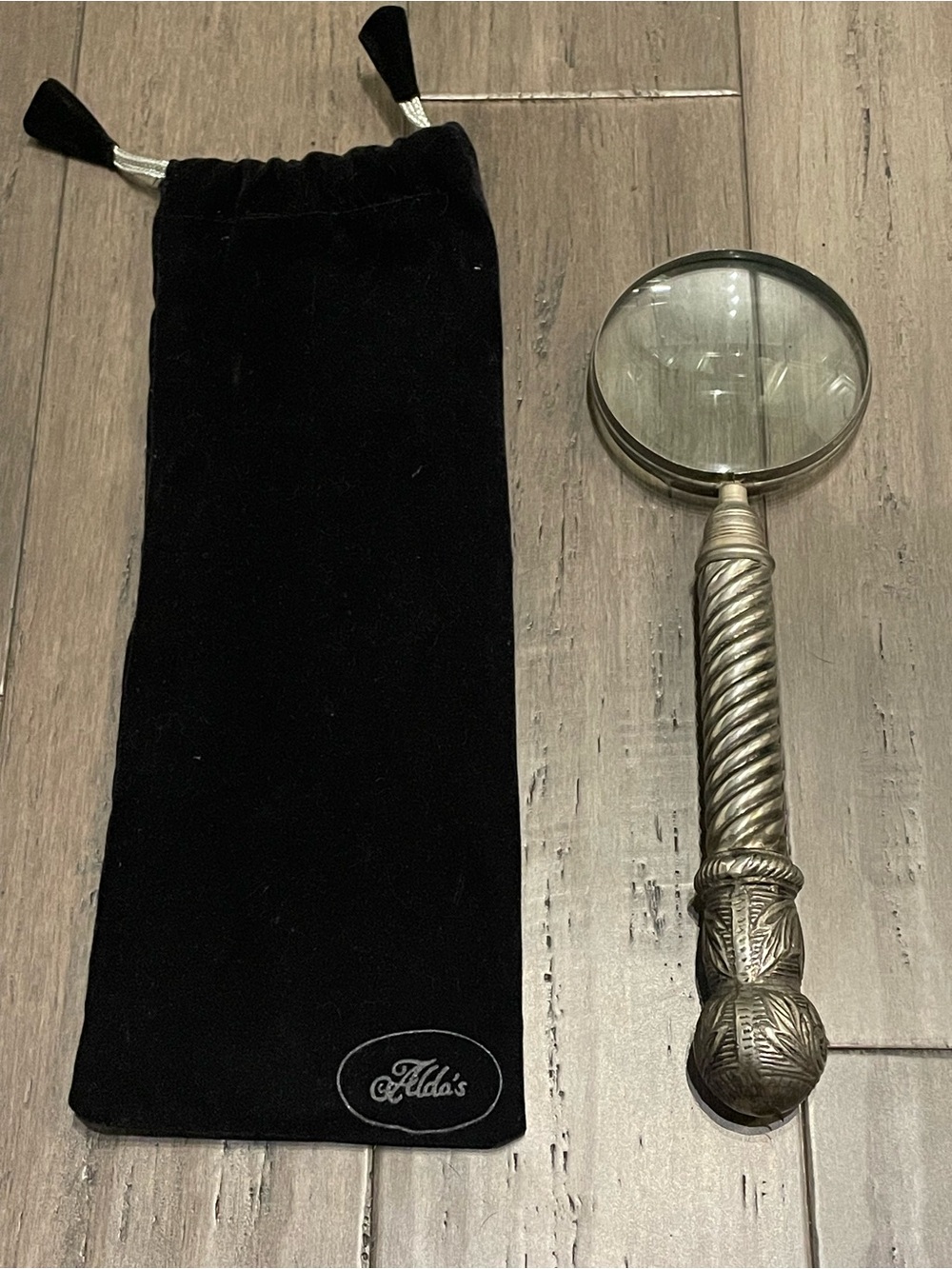 Large Handheld Magnifying Glass Ornate Metal Handle Made in India w/ Velvet Pouc